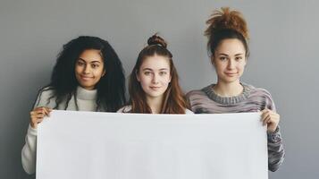 portrait de groupe Jeune femmes de différent ethnies, souriant doucement comme elles ou ils supporter côté par côté et tenir une Vide blanc bannière entre leur photo