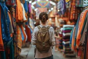 Jeune solo aventurier permanent au milieu de une animé traditionnel marché photo