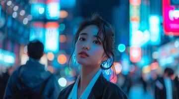 portrait de une magnifique asiatique fille dans le ville à nuit photo