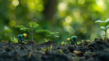 miniature gens agriculteur plantation arbre dans le jardin avec bokeh Contexte sécurité csr responsabilité amical carbone neutre photo