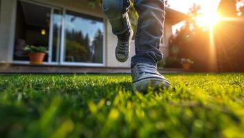 fermer de une Jeune garçons pieds fonctionnement sur vert herbe dans le de face Cour avec une moderne maison dans le Contexte. photo