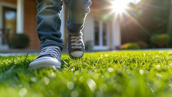 fermer de une Jeune garçons pieds fonctionnement sur vert herbe dans le de face Cour avec une moderne maison dans le Contexte. photo