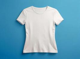 maquette blanc aux femmes équipage cou T-shirt sur bleu Contexte. photo