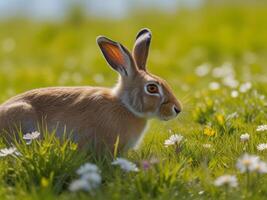 lièvre ou lapin dans une champ parmi camomille fleurs et herbe. lapin dans ensoleillé journée photo