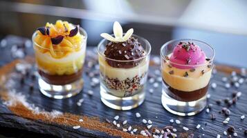 une trio de miniature desserts comprenant une miniature crème brulée Chocolat truffe et passion fruit mousse dans délicat coup des lunettes photo