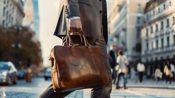 une homme habillé dans une tranchant costume en toute confiance en marchant dans le ville tandis que en portant une cuir Voyage sac rempli avec le sien préféré luxe soin de la peau essentiel photo