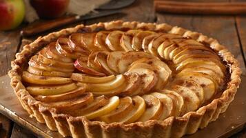 une rustique Pomme Tarte floconneux croûte rempli avec finement tranché pommes et saupoudré avec cannelle sucre photo