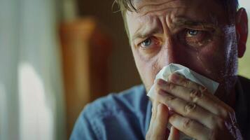 une homme détient une tissu tandis que larmes rouleau vers le bas le sien comme il travaux par le sien émotions dans thérapie photo