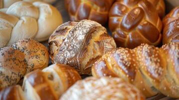 une magnifique afficher de différent les types de artisan pain variant de rond boules à tordu brioche tout avec à la perfection croustillant extérieurs et doux duveteux intérieurs photo