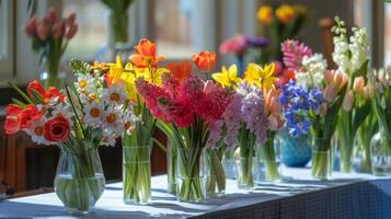 une étourdissant afficher de printemps fleurit avec tulipes jonquilles et jacinthes établi par le atelier participants et fièrement affiché sur le table pour tout à admirer photo