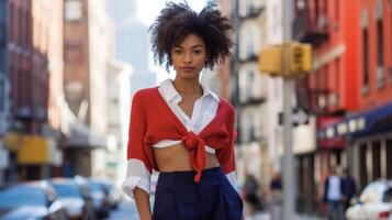 une classique blanc boutonnée chemise jumelé avec marine taille haute short et une rouge équipage cou chandail lié autour le épaules photo