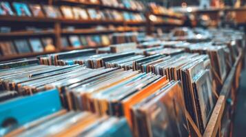 une record boutique afficher avec Lignes sur Lignes de ancien vinyle enregistrements attrayant les clients à viens et découvrir le la magie de og la musique photo