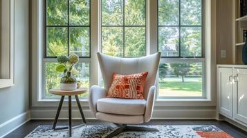 une en train de lire coin baigné dans Naturel lumière avec un énorme fenêtre offre une serein vue de le jardin fabrication il le parfait place pour silencieux contemplation photo