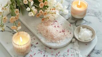 une magnifique digne d'instagram plat allonger Caractéristiques une marbre plateau rempli avec divers une baignoire des produits comprenant chatoyant une baignoire sels une sucre frotter et une floralparfumé bougie photo