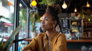 une femme est assis dans une café magasin hochant la tête le long de à une Podcast à propos conquête doute de soi et bâtiment confiance photo