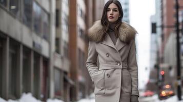 une confortable cachemire chandail robe en couches plus de poids lourd collants et surmonté de avec une déclaration la laine manteau avec une faux fourrure collier idéal pour une froid journée photo