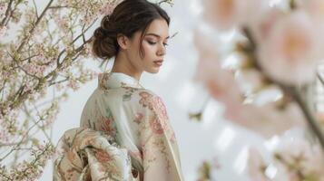 une moderne prendre sur une traditionnel kimono avec délicat floral broderie et une luxueux soie tissu. parfait pour une été jardin fête photo