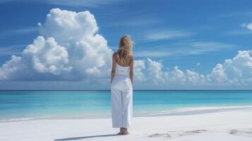 une ciel bleu combinaison avec une ajusté taille et jambes larges silhouette ressembler le calme de une clair été ciel. le Contexte est une serein plage avec blanc le sable et cristal photo