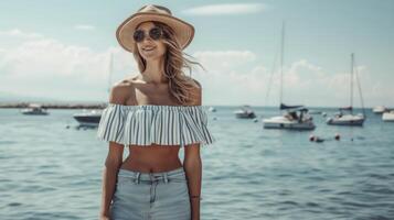 une nautique Regardez avec une rayé hors épaule Haut taille haute short et bateau chaussures. cette tenue est parfait pour une plage fête par le bord de mer entouré par voiliers et mouettes photo