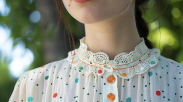 une polyvalent robe chemise donné une torsion avec peinte à la main polka points et dentelle détails autour le collier génial pour une été pique-nique dans le parc photo