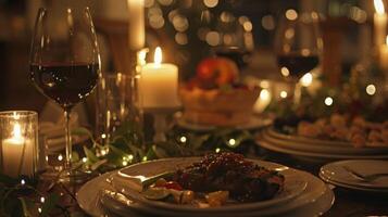 une romantique a la chandelle dîner avec le principale cours de le gourmet repas trousse étant le centre de attention sur le table photo