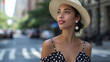 aller pour une plus mature encore encore espiègle Regardez avec une polka point robe avec une amoureux encolure et une ajusté corsage jumelé avec une à larges bords chapeau et perle des boucles d'oreilles une photo