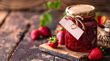 une pot de fait maison fraise balsamique confiture étiqueté avec une manuscrit Remarque de le Date il a été fabriqué prêt à être doué à une gourmand ami photo