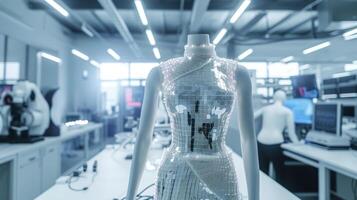 une blanc iridescent robe avec intégré holographique panneaux et une d'inspiration robotique collier. le Contexte est une haute technologie laboratoire rempli avec Machines et moniteurs photo