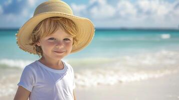 garder votre enfant cool et confortable avec cette Facile encore élégant plage Regardez avec une souple Soleil chapeau une blanc téméraire garde et bleu nager shorts. le Contexte est une pacifique photo