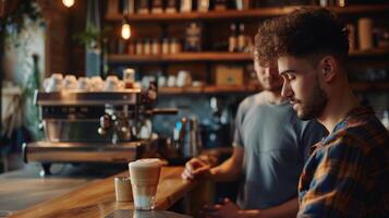 une homme permanent à une café bar attentivement en train de regarder comme une qualifié barista prépare une latté art conception sur Haut de le sien boisson photo