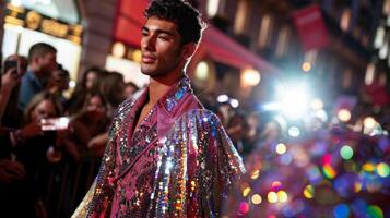 une Masculin célébrité en marchant le rouge tapis dans une fortement embelli et scintillant robe fabrication une déclaration à propos le fluidité de mode et difficile traditionnel notions de masculinité photo