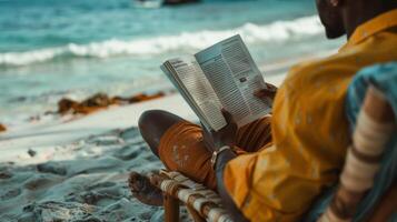 une homme à le plage en utilisant le sien temps d'arrêt à lis un article dans une Pour des hommes santé magazine à propos le importance de soins auto-administrés et relaxation photo