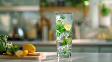 une grand verre de infusé l'eau est assis sur le compteur rappelant le homme à rester hydraté et nourrir le sien corps de le à l'intérieur en dehors photo