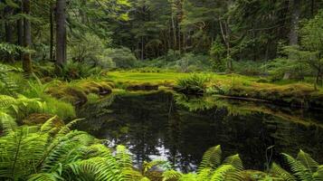 vert fougères et mousse couverture le sol de premier plan à une isolé étang caché dans une forêt. le surface de le l'eau est encore reflétant le vibrant couleurs de le alentours photo