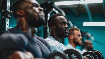 une groupe de Hommes levage poids à le Gym suivi leur le progrès et réglage Nouveau aptitude buts à atteindre ensemble photo