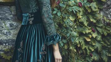 une midi robe dans Profond forêt vert velours avec dentelle manches et un complexe floral modèle capture le de mauvaise humeur le romantisme de une isolé des bois chalet photo