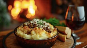 clic chalet tarte prend sur une confortable torsion avec le riches les saveurs de mijoté du boeuf et des légumes surmonté avec une entassant de crémeux en purée patates et cuit dans une bien au chaud cheminée photo