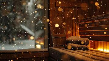 en train de regarder le flocons de neige tomber à l'extérieur le sauna fenêtre sentiment reconnaissant pour le chaleur et confort le sauna fournit. photo