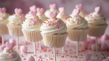 rien dit confort comme une lot de câlin petit gâteau pop décoré avec minuscule bonbons cœurs et une rêveur vanille glaçage photo