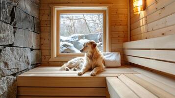 un élégant sauna avec une animaux de compagnie fenêtre pour velu copains à jeter un œil dans et voir leur propriétaires relaxant à l'intérieur. photo