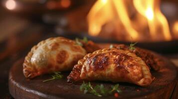 le parfait mélange de la fumée et e ces argentin Empanadas sont une culinaire chef-d'oeuvre leur croustillant bords révélateur une alléchant mélange de sol du boeuf acidulé salsa un photo