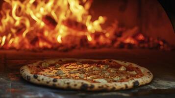 comme le au feu de bois four atteint ses de pointe Température le Pizza à l'intérieur commence à carboniser déjà donc légèrement création une à la perfection croustillant et aéré croûte photo