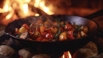 une l'eau à la bouche mélanger de rôti au feu des légumes avec amour cuit dans une jeter le fer la poêle et servi fumant chaud dans de face de une crépitement Feu. cette coin du feu plat est une copieux et délice photo