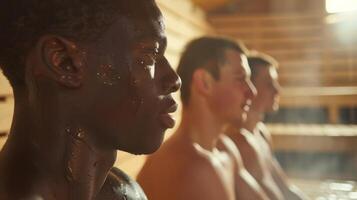 une groupe de les athlètes discuter Comment saunas avoir devenir un essentiel partie de leur formation régime portion leur améliorer leur performance et récupérer de ardu entraînements. photo