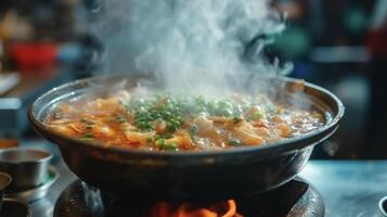 une fumant pot de vibrant y bouillon éclatement avec saveur entouré par une brûlant enfer cette volonté chaud vous de le à l'intérieur en dehors photo