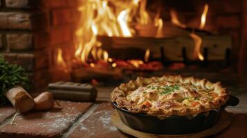 niché dans une confortable brique cheminée une sarriette poulet pot tarte attend ses très croûte brillant dans le chaud lueur de le Feu photo