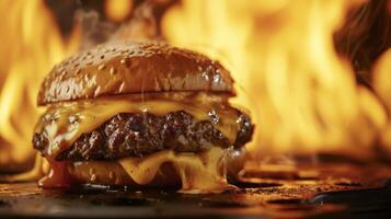 une grésillant cheeseburger étant cuit plus de une ardent gril avec flammes dansant dans le Contexte. le brûlé petit pâté suinte avec fondu fromage et une alléchant arôme remplit e photo