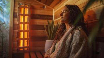 une femme actions sa sincère Reconnaissance pour le favorable communauté elle a a trouvé dans sa local infrarouge sauna studio où membres partager leur histoires et soutien chaque autres santé photo