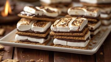 une plat de smores prêt à être dévoré avec ooeygluant couches de grillé guimauves fondu Chocolat et très Graham craquelins ravissant le sens et invoquer mémoire photo