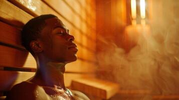 une amateur de gym prend une Pause de leur faire des exercices à se détendre dans le sauna en utilisant le chaleur à desserrer leur muscles et clair leur esprit. photo